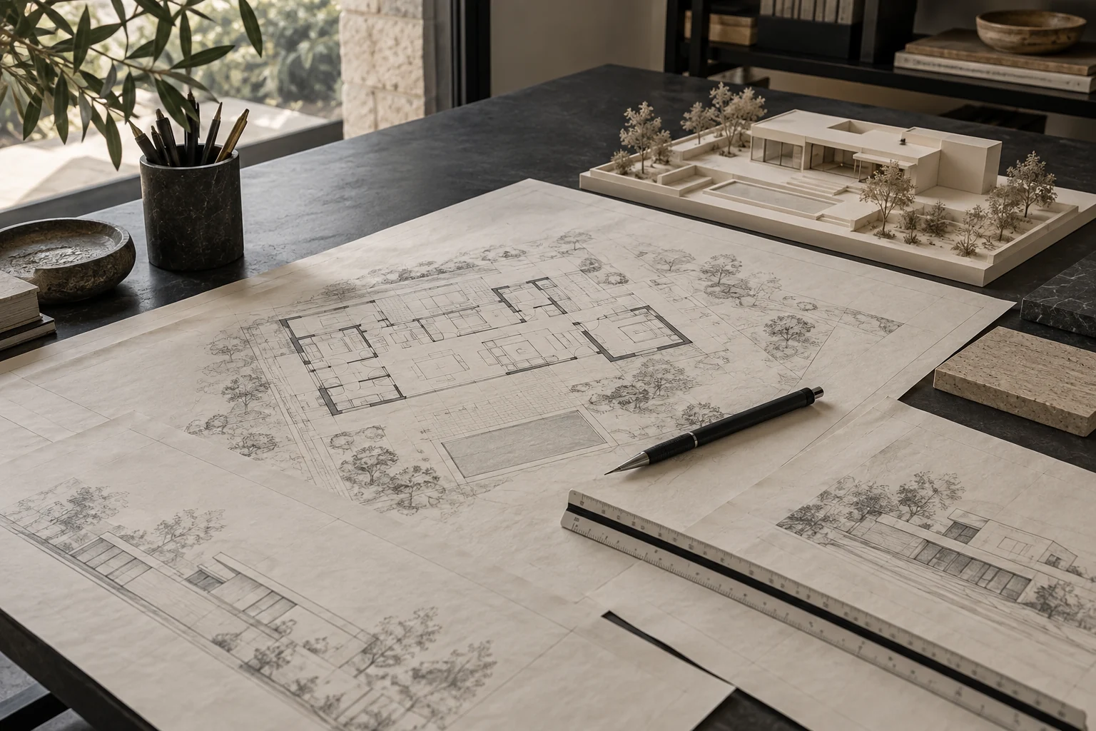 Villa planları, çizim araçları ve yapı maketinin yer aldığı mimari çalışma masası; konsept görsel.