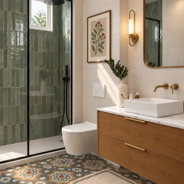 Ahşap lavabo ünitesi ve desenli zeminle banyo.